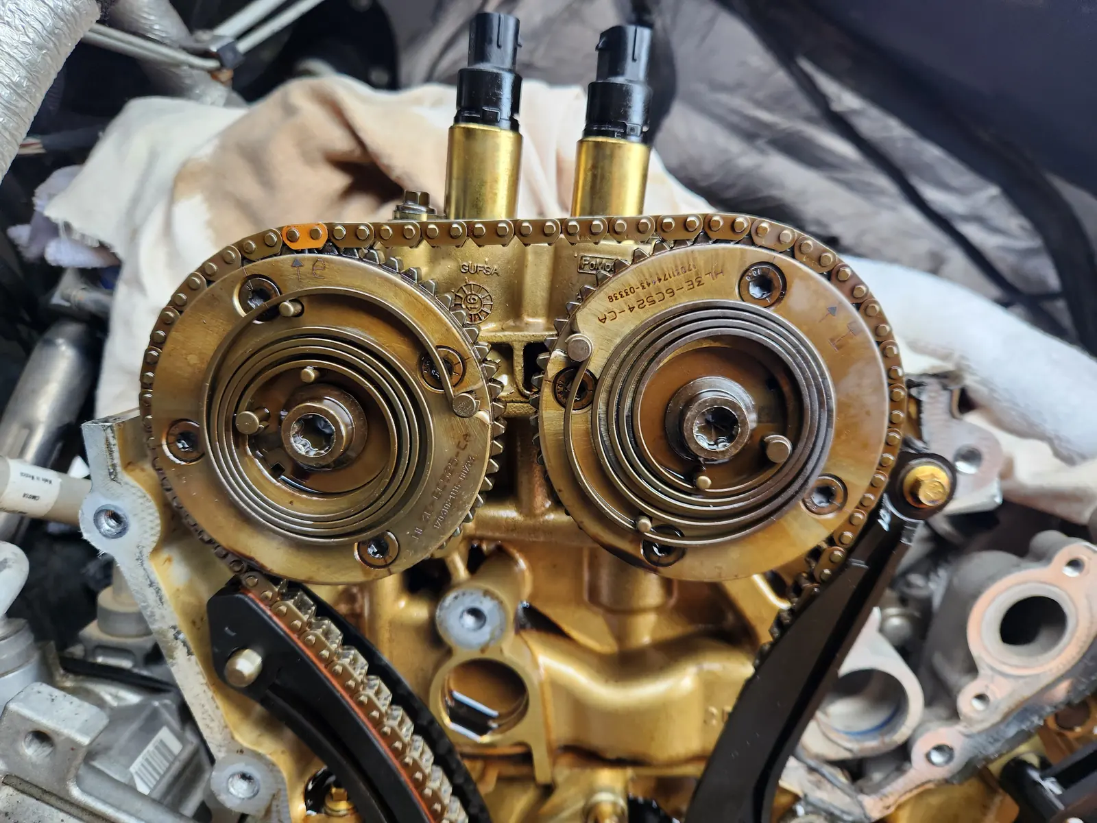 Close-up of cam phasers and timing chain with locking tools fitted