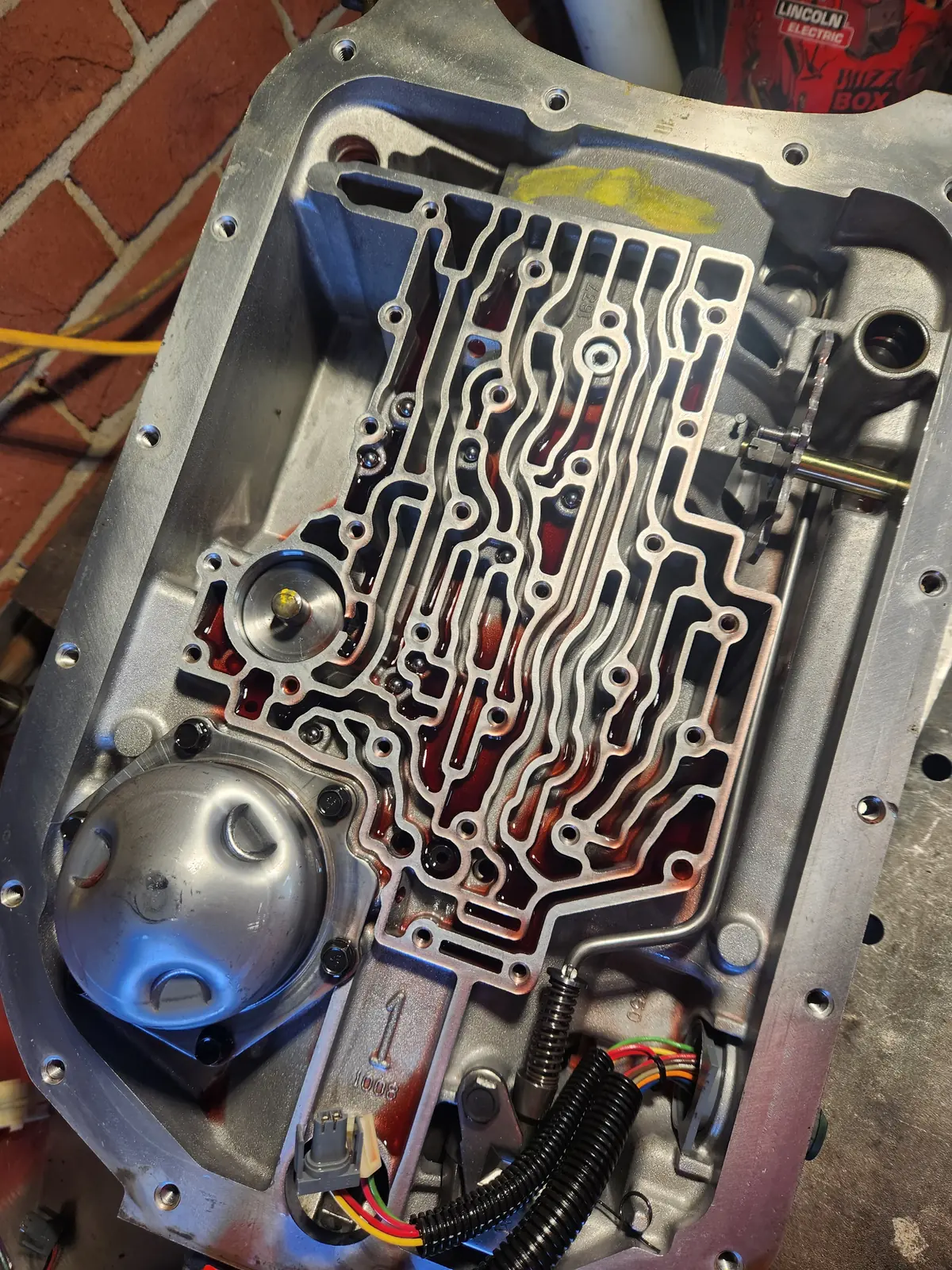 Valve body of a 4L80e automatic transmission with the pan removed