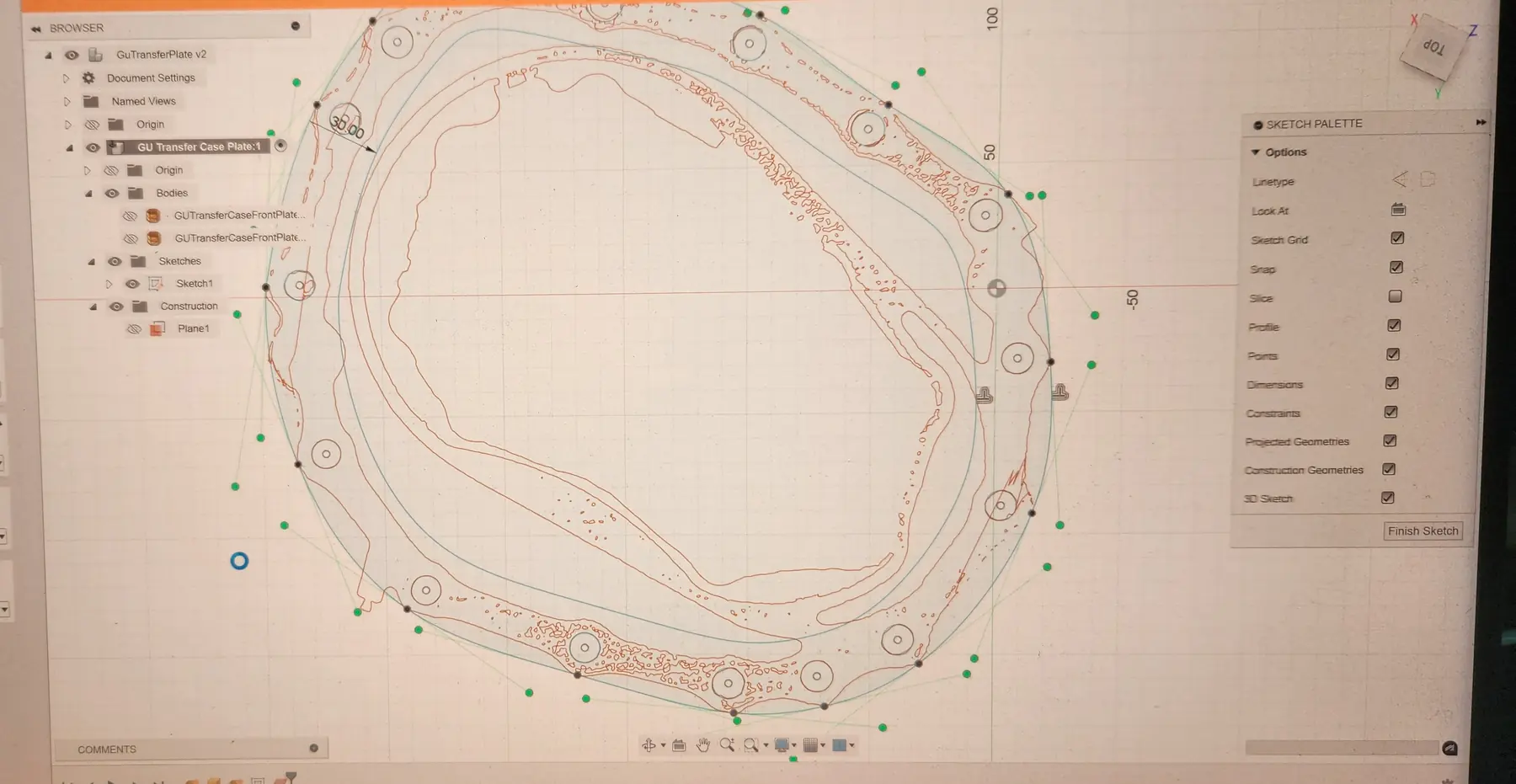 CAD sketch of the GU transfer case face traced over scan data